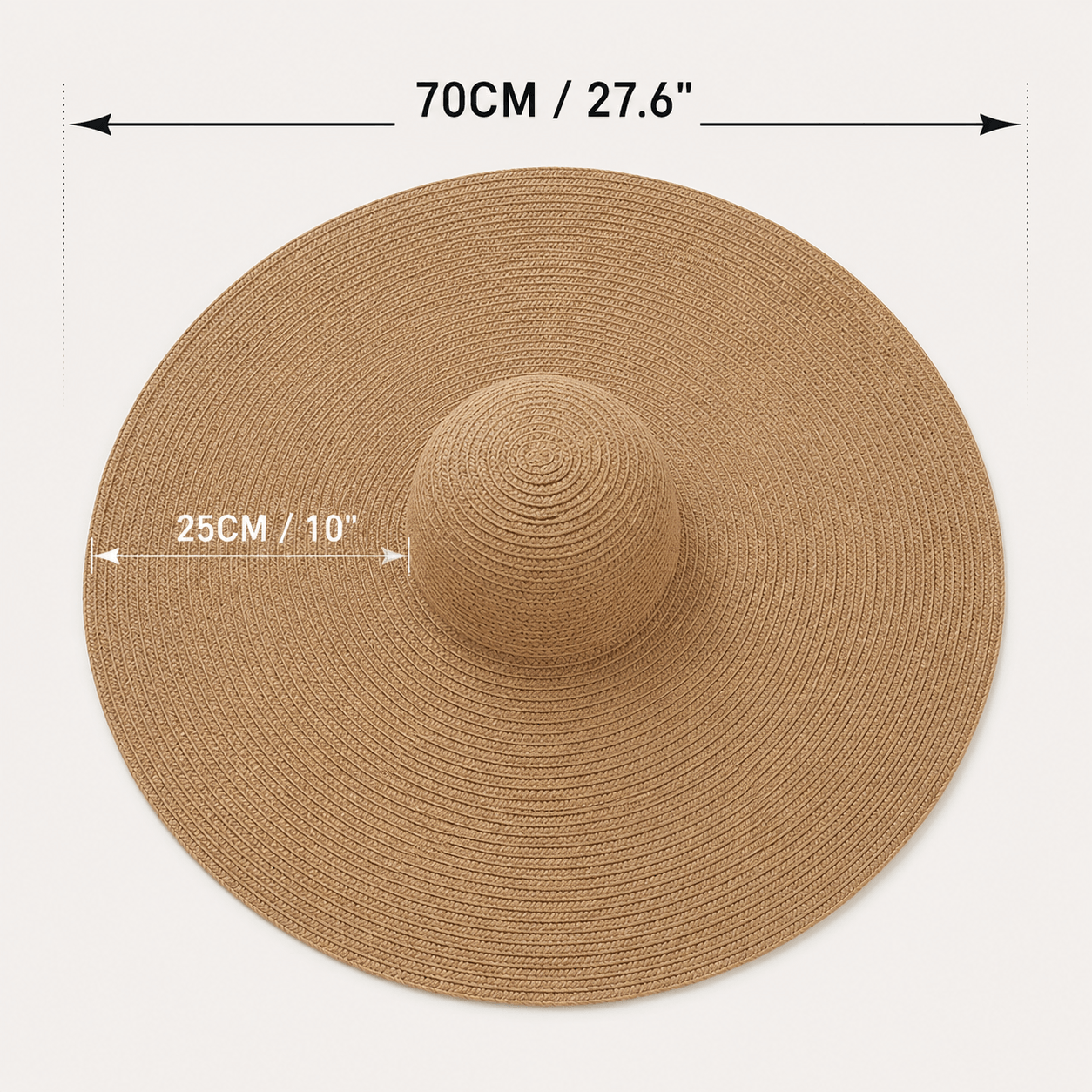 Top view size guide of an oversized straw sun hat showing 70 cm overall diameter and 25 cm brim width