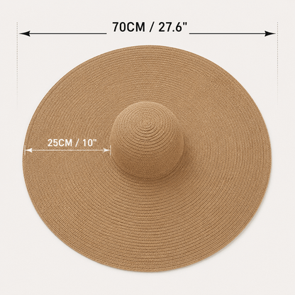 Top view size guide of an oversized straw sun hat showing 70 cm overall diameter and 25 cm brim width