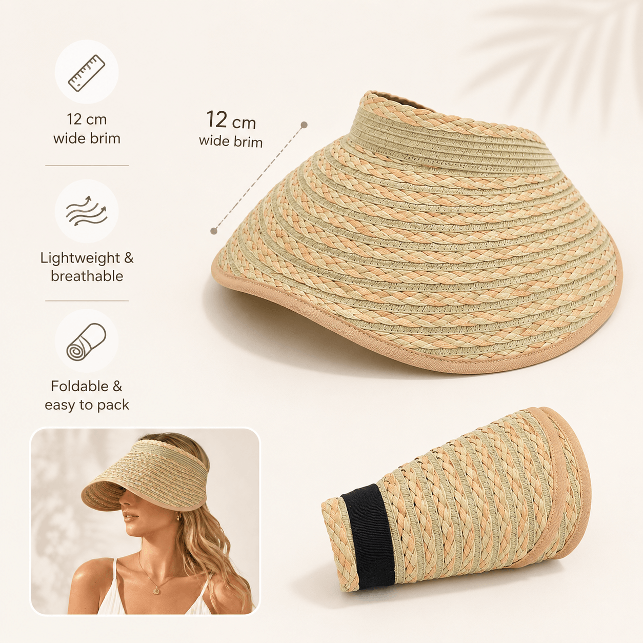 Feature view of a braided paper straw visor showing its wide brim, lightweight design and foldable shape