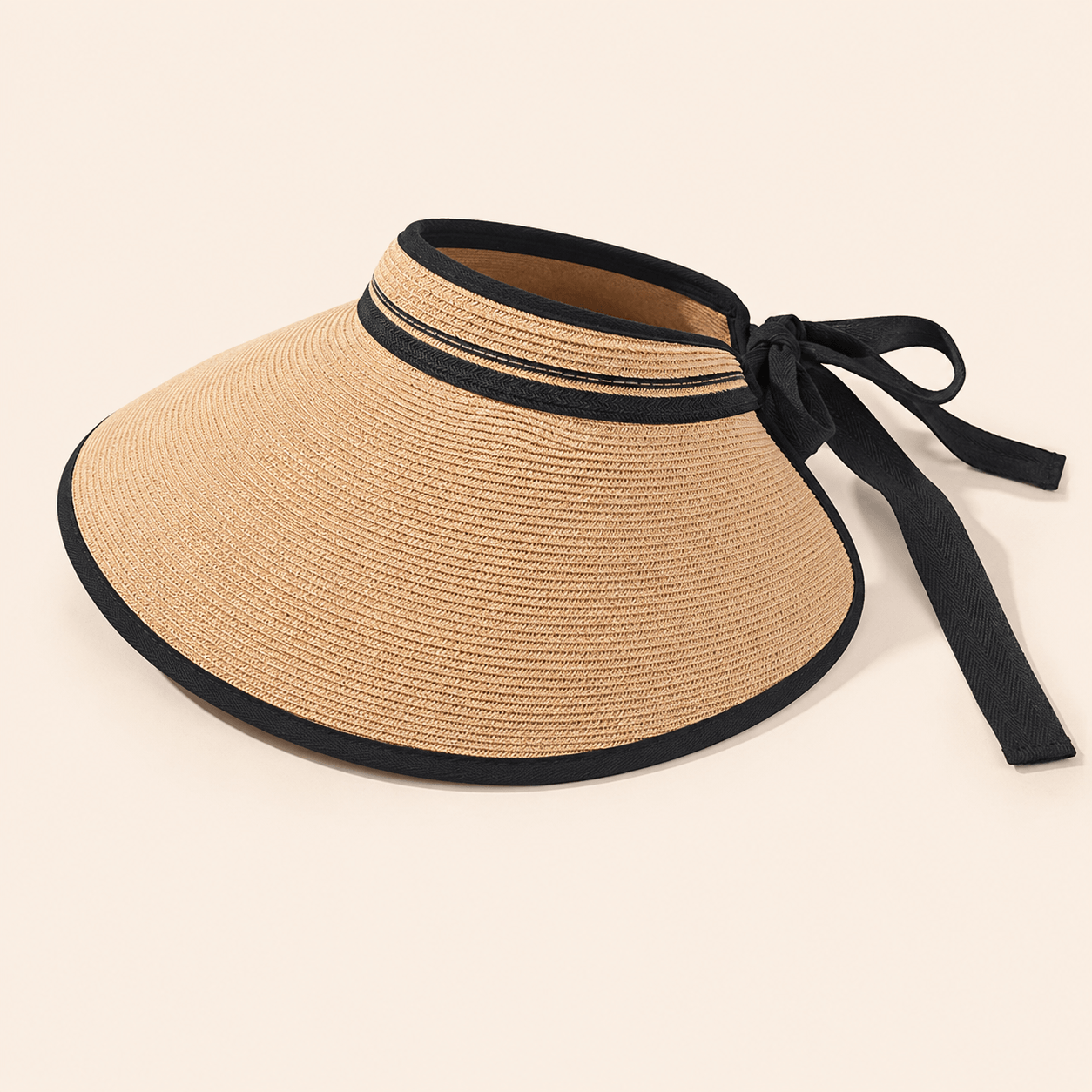 Light coffee packable wide brim paper straw visor hat with black trim and ribbon tie
