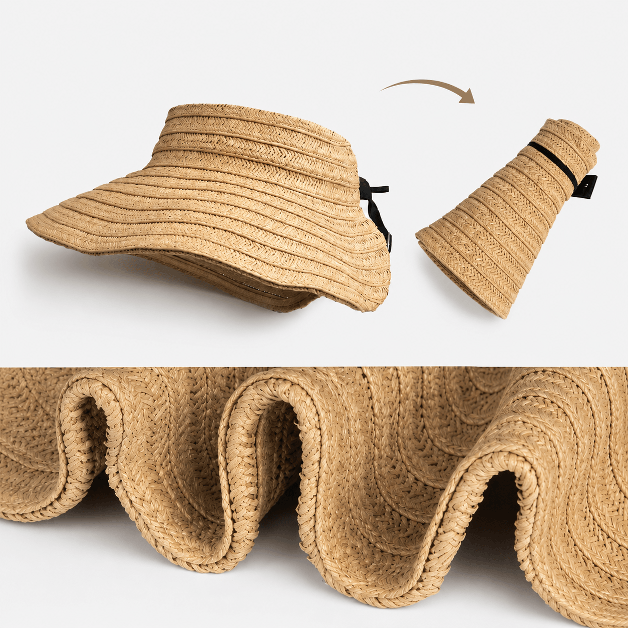 Packable woven straw visor hat shown flat and rolled with close-up of flexible brim texture