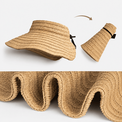 Packable woven straw visor hat shown flat and rolled with close-up of flexible brim texture