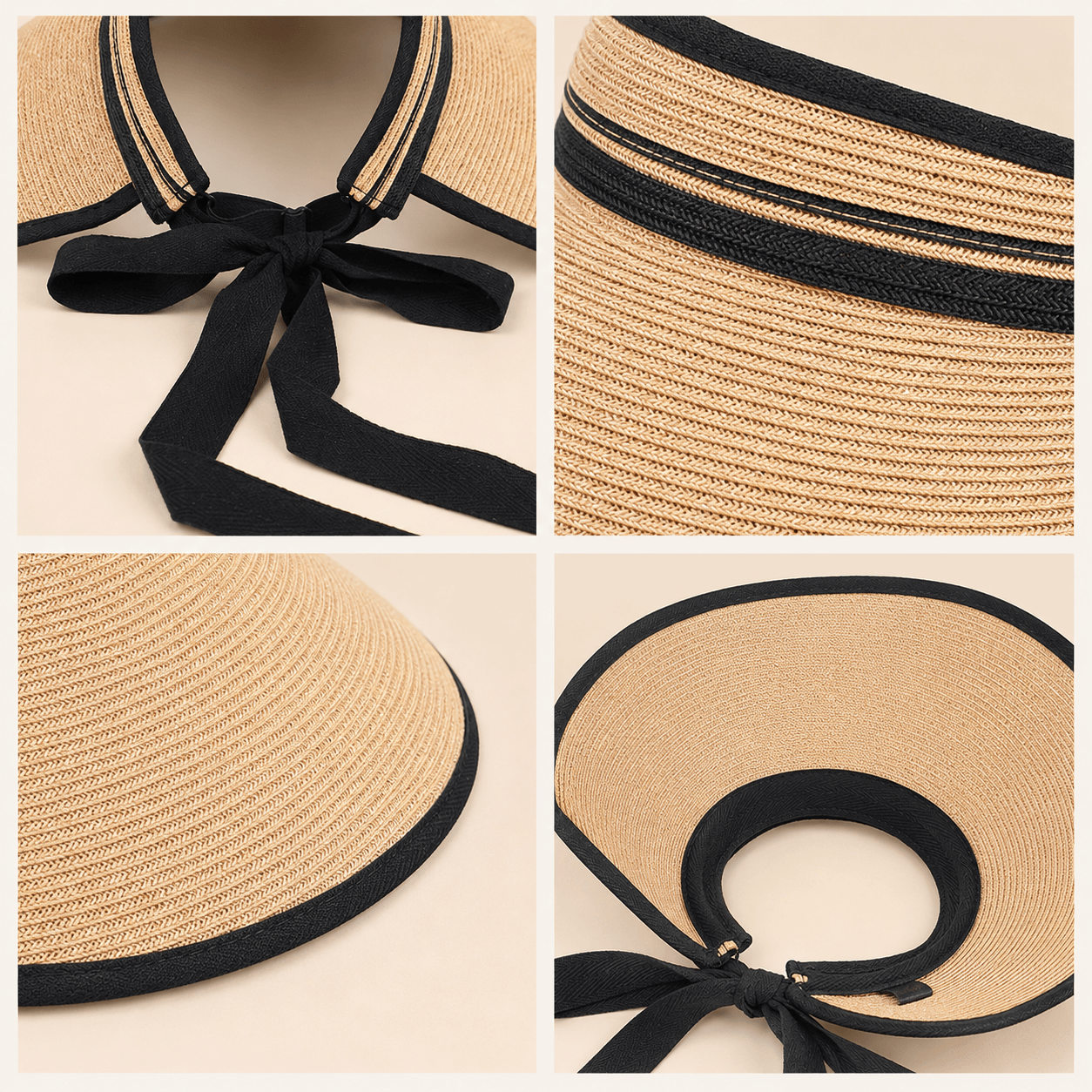 Detail collage of a paper straw visor showing black bound edging, ribbon tie and woven texture