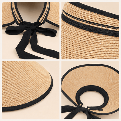Detail collage of a paper straw visor showing black bound edging, ribbon tie and woven texture