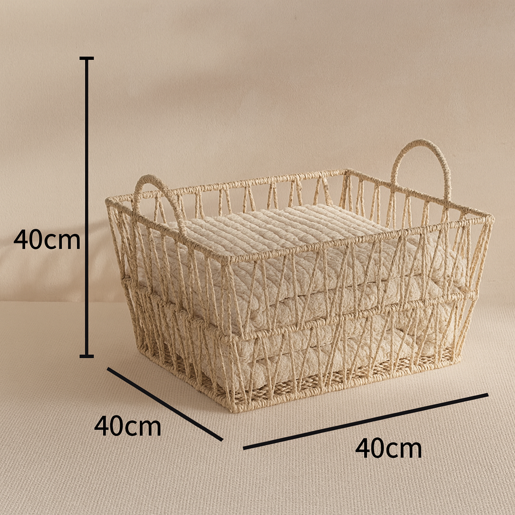 Size diagram of the rattan laundry basket showing 40 cm length, width, and height.