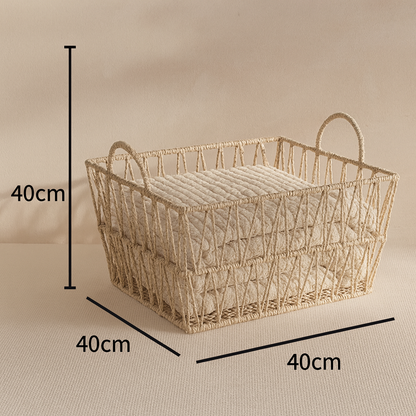 Size diagram of the rattan laundry basket showing 40 cm length, width, and height.