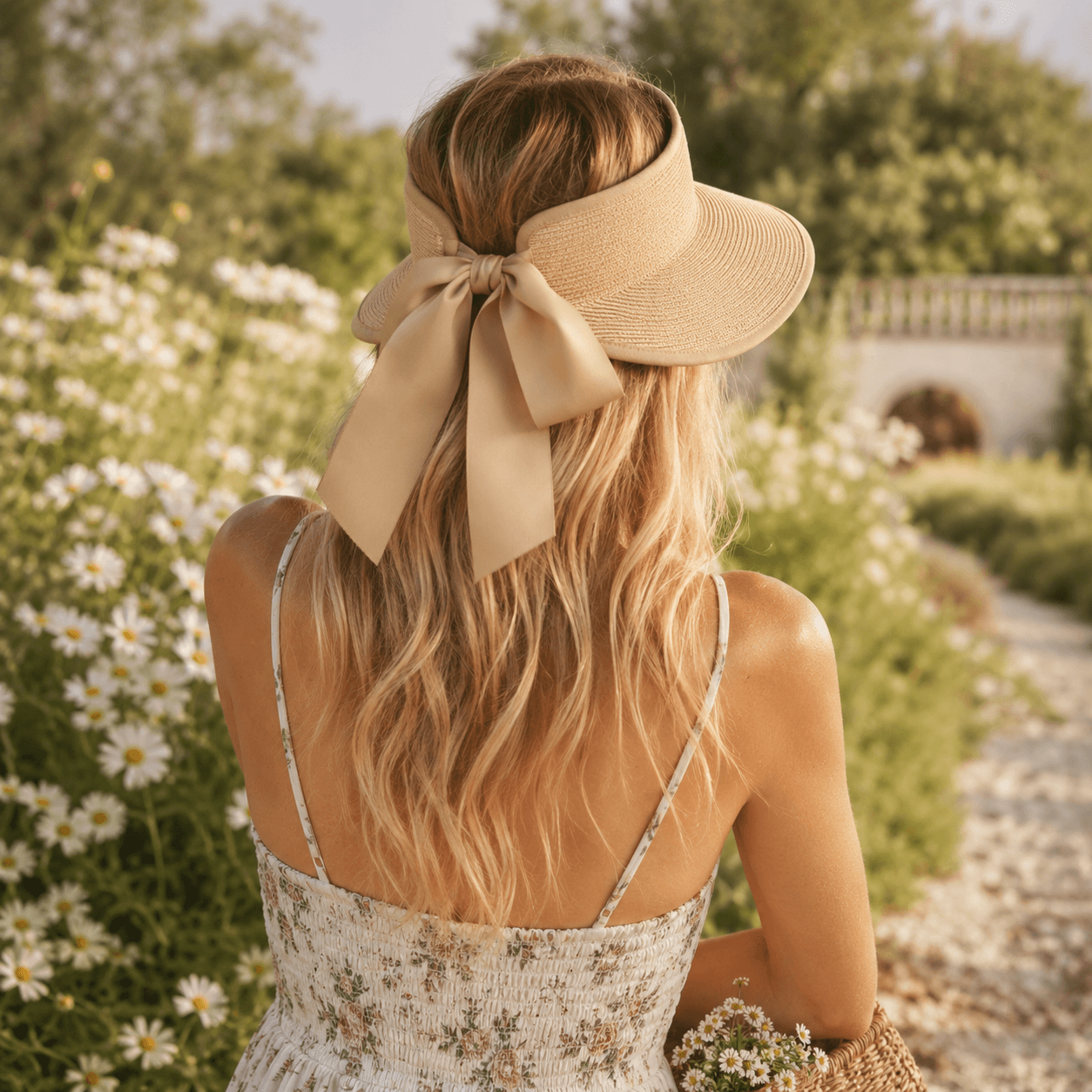 Back view of a woman wearing a beige straw visor hat with an oversized ribbon bow and open-top design