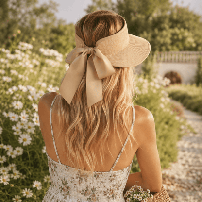 Back view of a woman wearing a beige straw visor hat with an oversized ribbon bow and open-top design