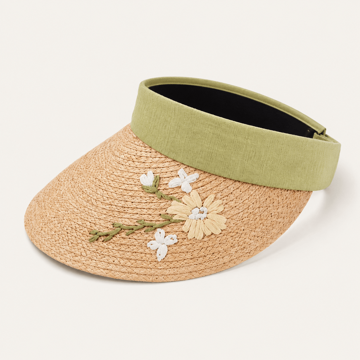 Sage green floral embroidered wide brim straw visor hat for women on a neutral background