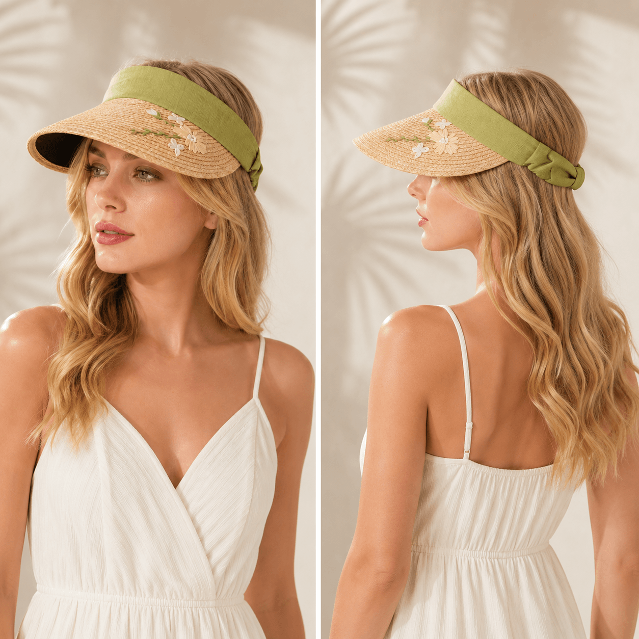 Front and side views of a woman wearing a sage green floral embroidered wide brim straw visor