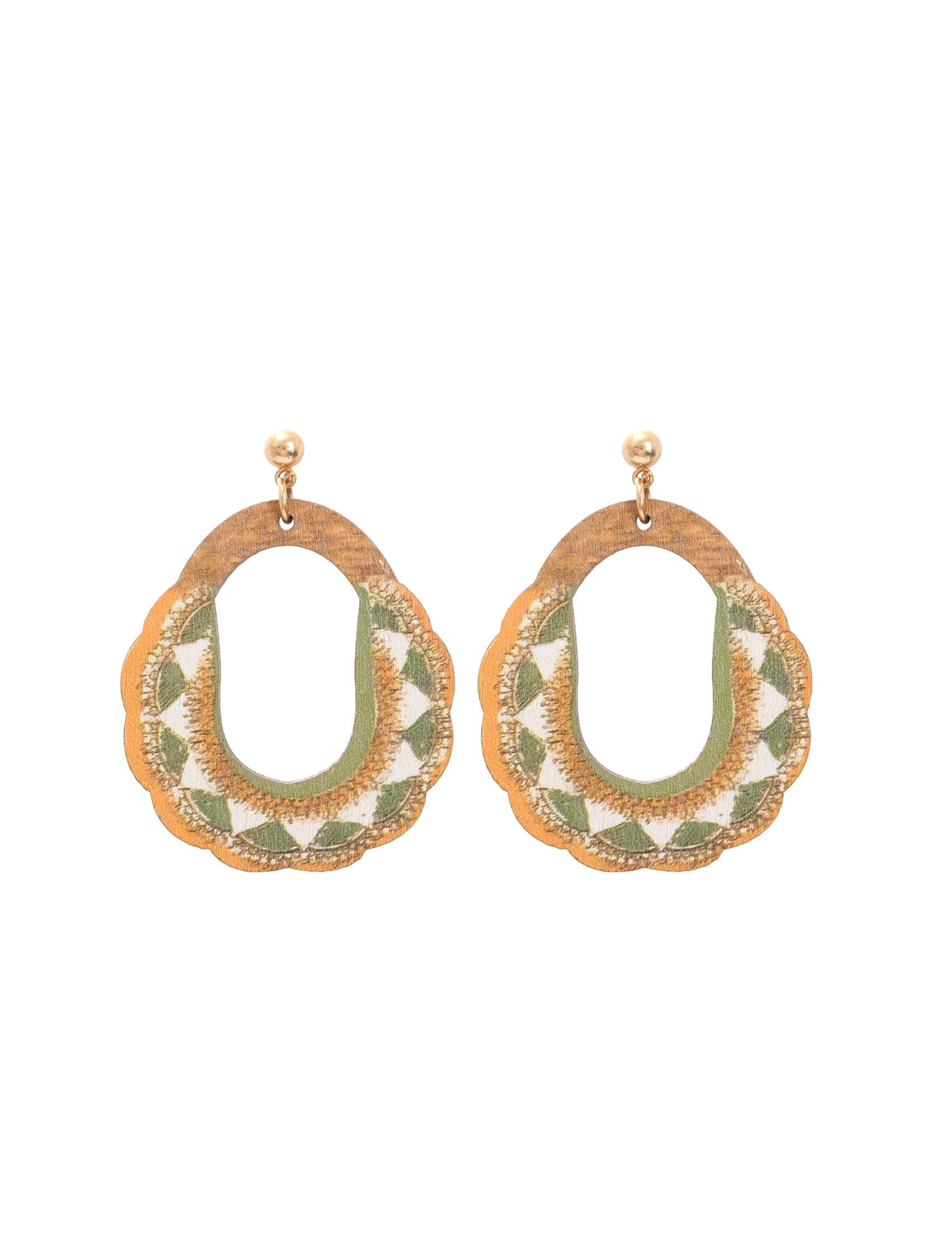 Wooden scalloped earrings with geometric embroidery in earthy green and white shades.