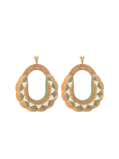 Wooden scalloped earrings with geometric embroidery in earthy green and white shades.