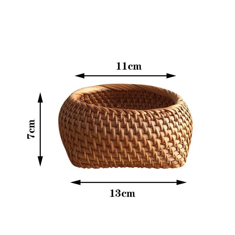 Measurement guide showing large handmade rattan storage box with dimensions 13×11×7cm, highlighting its curved woven shape and natural texture.