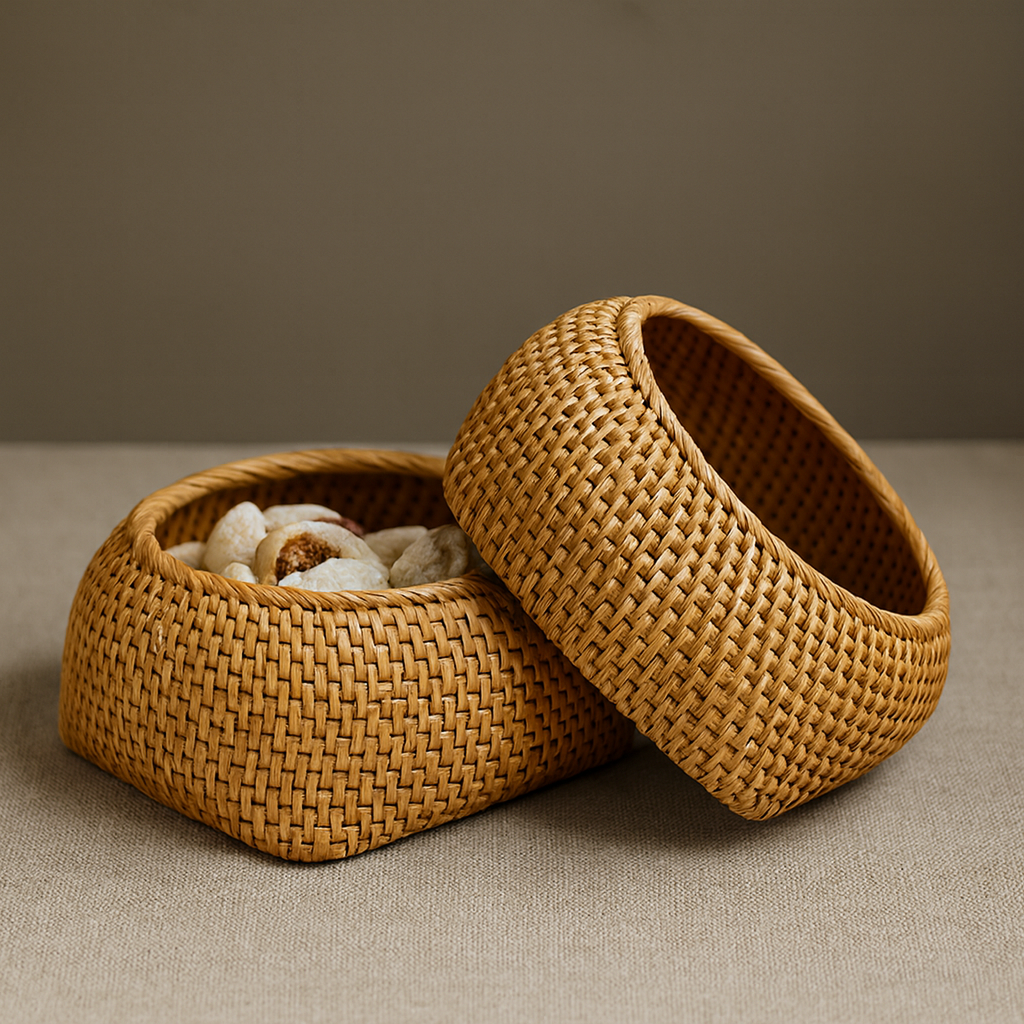 Two handmade rattan storage boxes in natural color, one filled with dried fruits and the other empty, displayed on a beige surface.