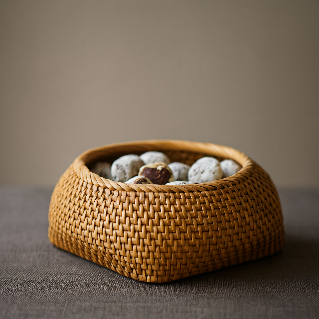 Close-up of handmade rattan storage basket filled with nuts and dried fruit, placed on dark fabric surface.
