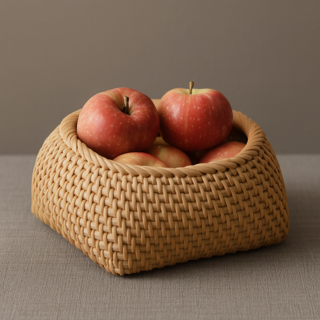Handmade rattan storage basket filled with red apples, highlighting its sturdy structure and natural woven pattern.