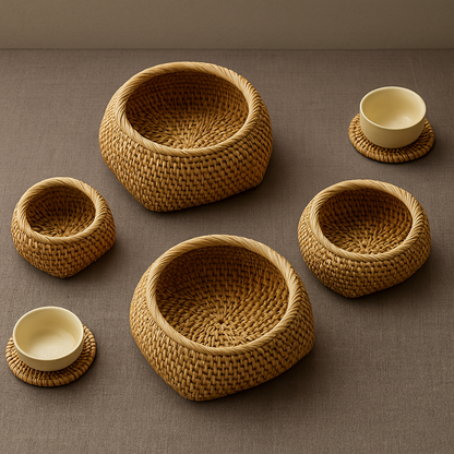 Set of handmade rattan bowls and cups arranged neatly on a neutral background, showing various sizes for multipurpose use.