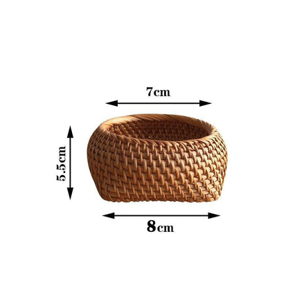 Measurement guide showing small rattan basket size 8×7×5.5cm with rounded edges and handwoven texture.