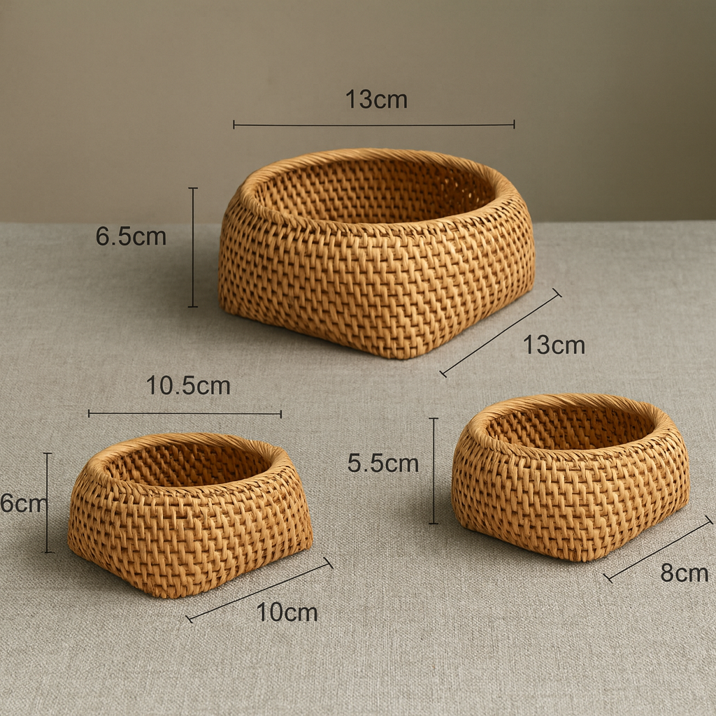Size reference showing three handmade rattan storage boxes in different dimensions: 13cm, 10.5cm, and 8cm diameter, with corresponding heights.