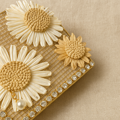“Close-up of handwoven floral decorations with pearl and crystal details on metal grid clutch, by Solmerea.”