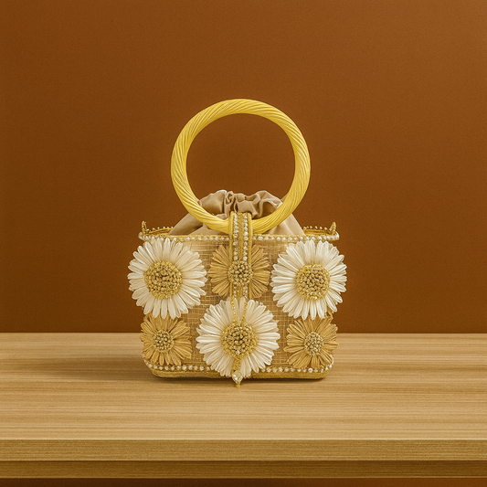 “Compact floral metal cage clutch with daisy embellishments and yellow circular handle, by Solmerea.”