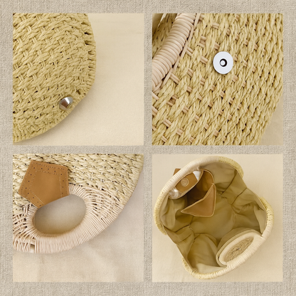 “Close-up collage showing base studs, magnetic clasp, leather patch, and inner lining of straw tote, by Solmerea.”
