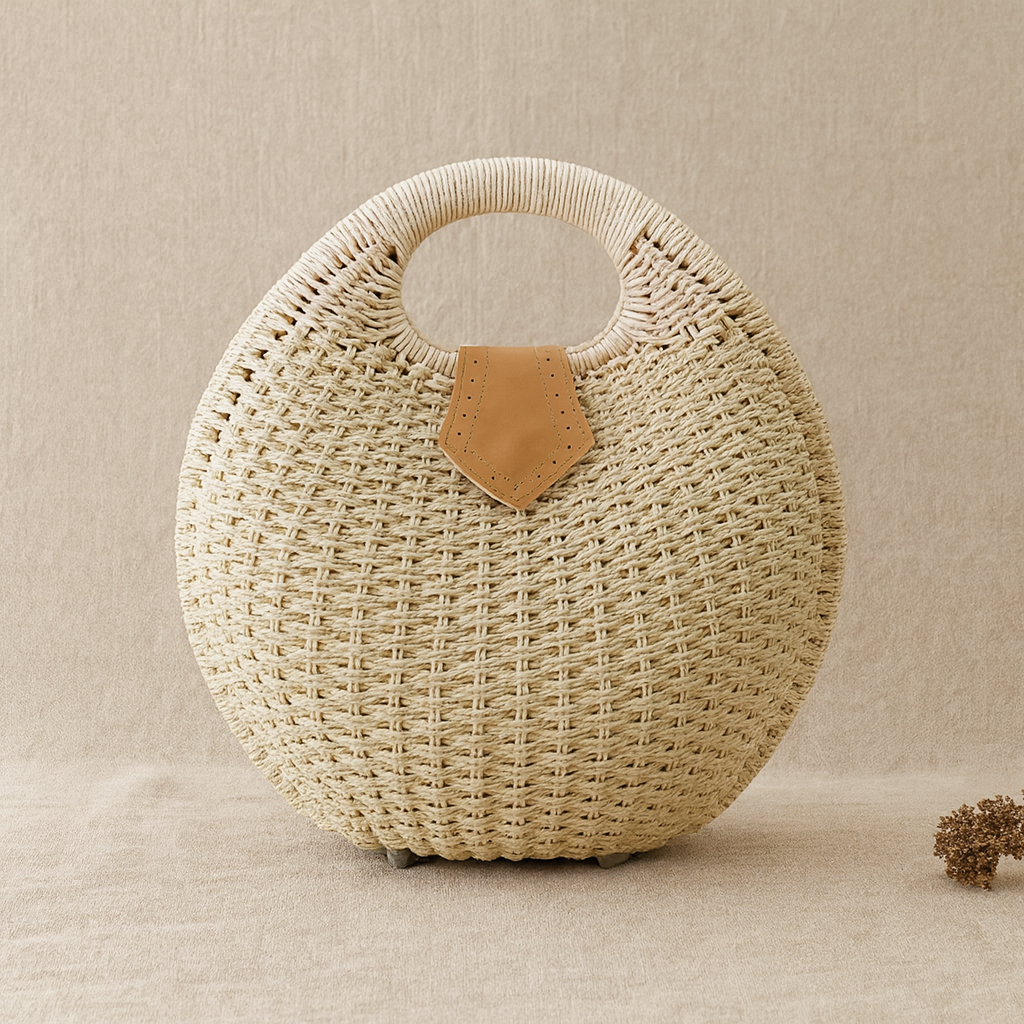 “Handwoven beige straw tote bag with circular handle and leather detail, neutral background, by Solmerea.”