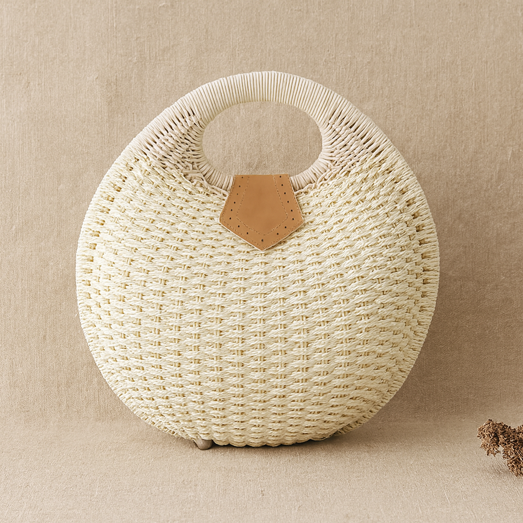 Beige round handwoven straw tote with circular handle and leather patch accent, by Solmerea.