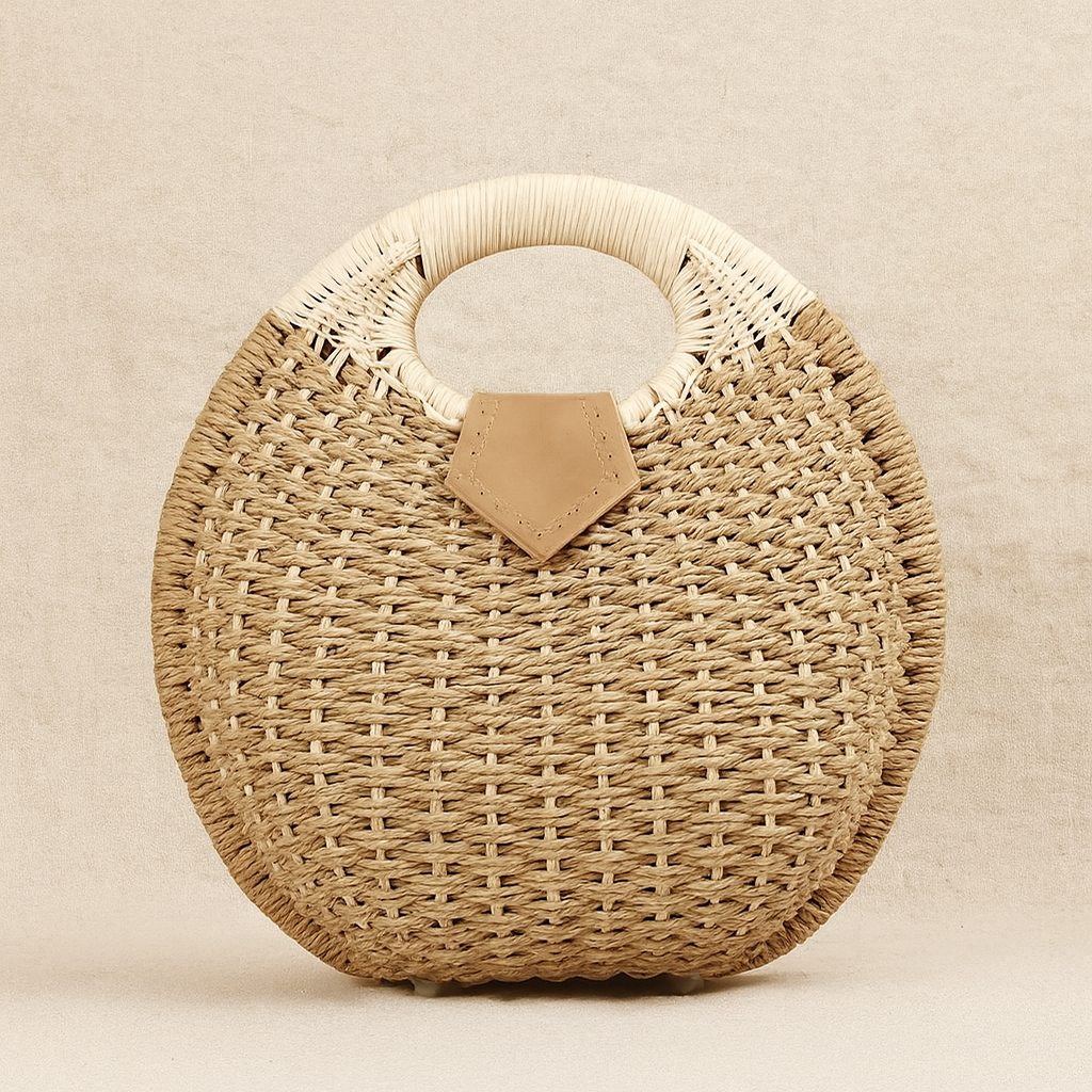 “Brown handwoven straw tote with circular woven handle and tan leather patch accent, by Solmerea.”