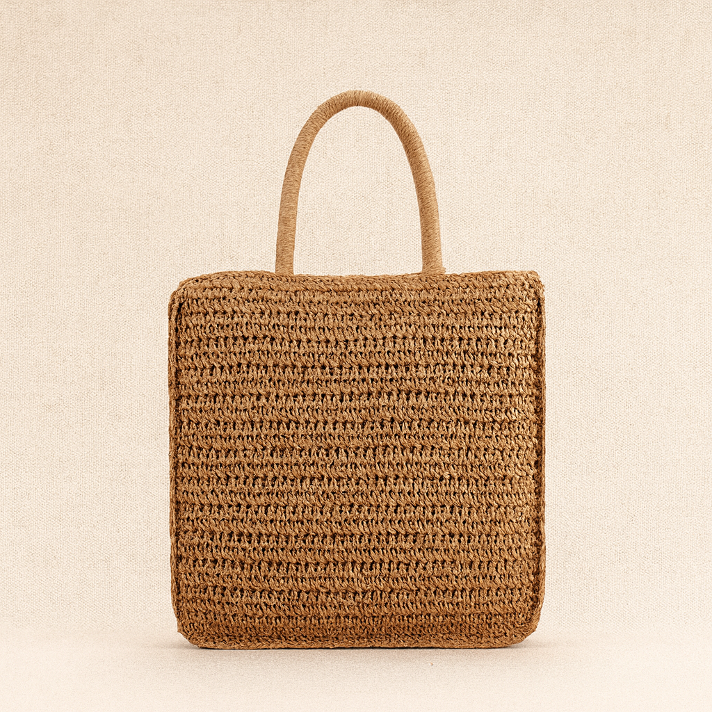 “Back view of brown straw shoulder bag with woven texture and short handles, by Solmerea.”