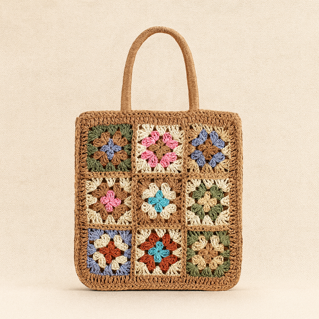 “Front close-up of brown crochet-embroidered straw bag with nine colorful flower squares, by Solmerea.”