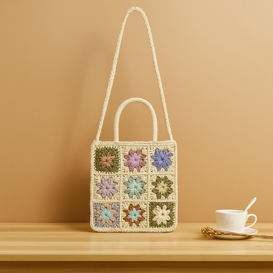 Alt text: “Embroidered straw shoulder bag with colorful crochet flower squares and dual handles, by Solmerea.”