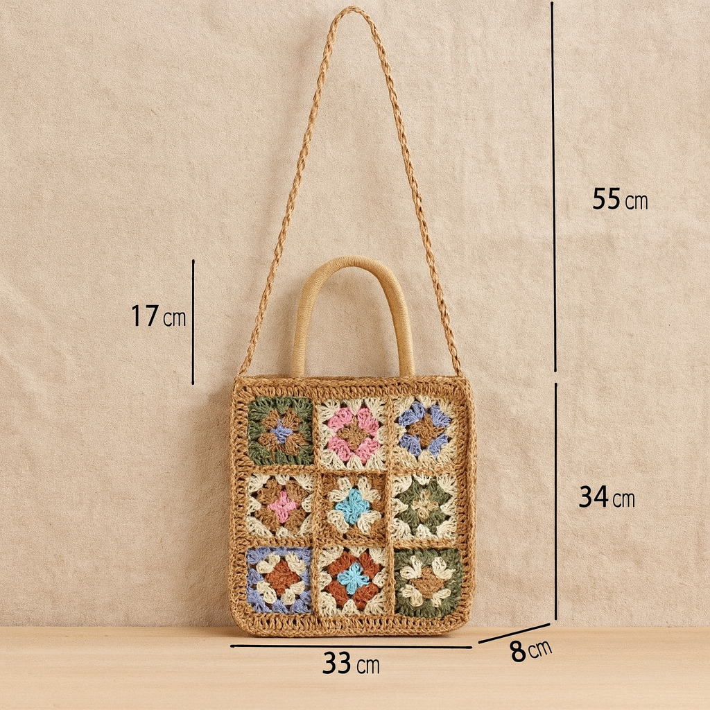 “Product size chart showing dimensions of embroidered straw shoulder bag with strap and handle height, by Solmerea.”