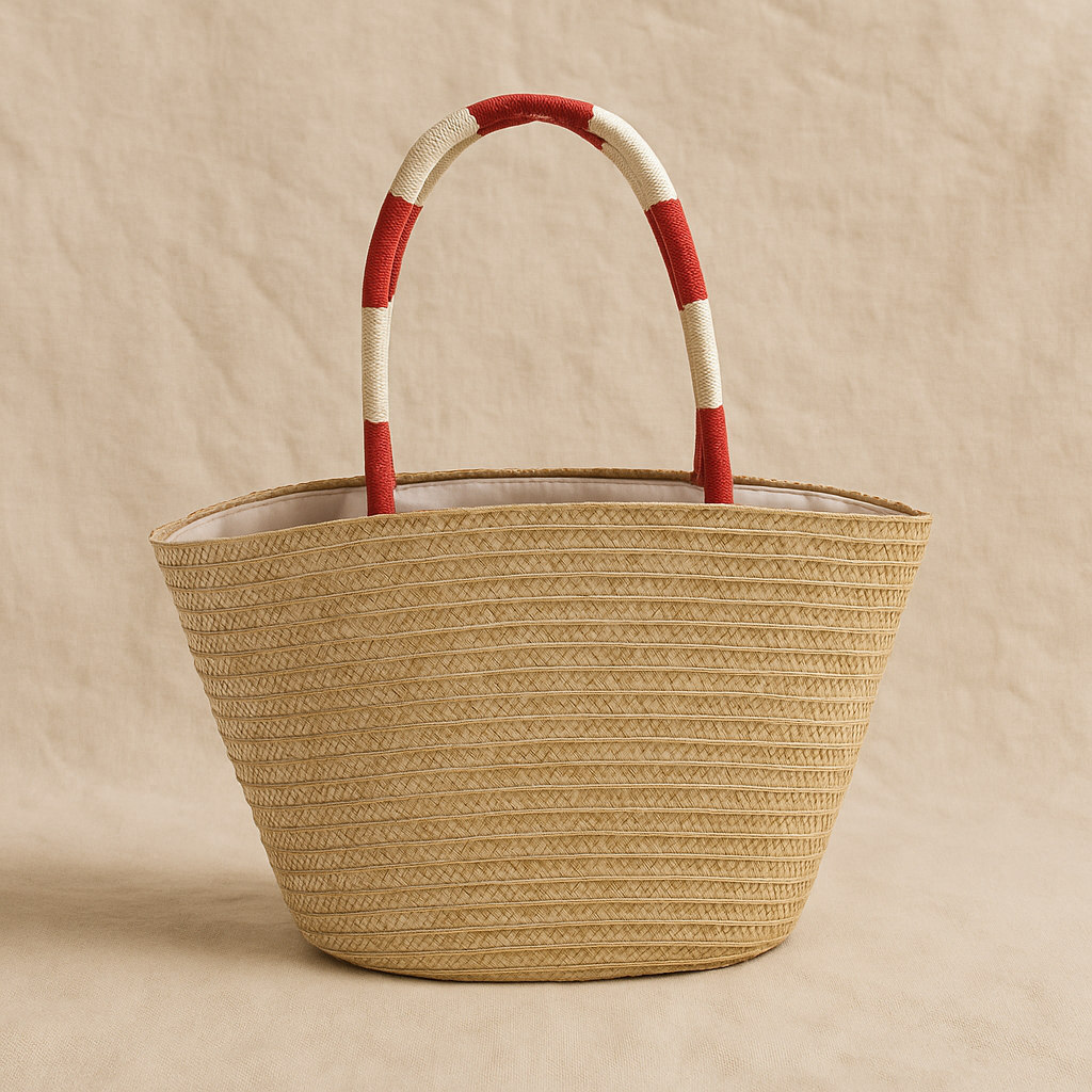 “Back view of straw tote bag showing plain weave texture and red-white wrapped handles, by Solmerea.”