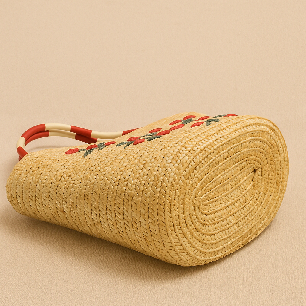 “Bottom view of straw cherry tote highlighting detailed handwoven pattern and circular base, by Solmerea.”