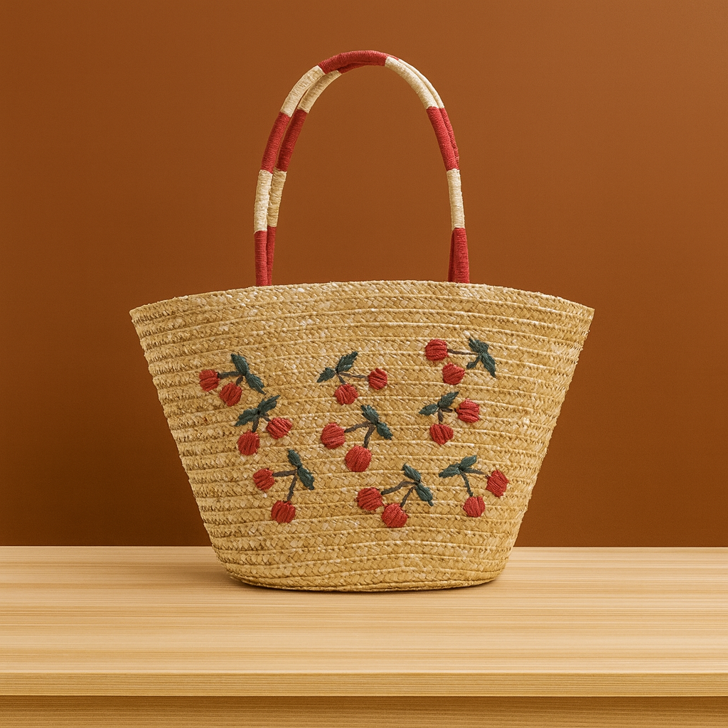 “Handwoven straw tote bag with cherry embroidery and red-white wrapped handles, by Solmerea.”