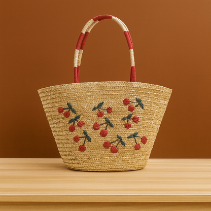“Handwoven straw tote bag with cherry embroidery and red-white wrapped handles, by Solmerea.”