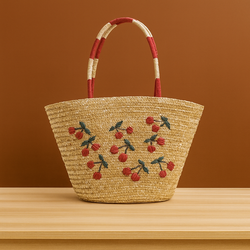 “Handwoven straw tote bag with cherry embroidery and red-white wrapped handles, by Solmerea.”