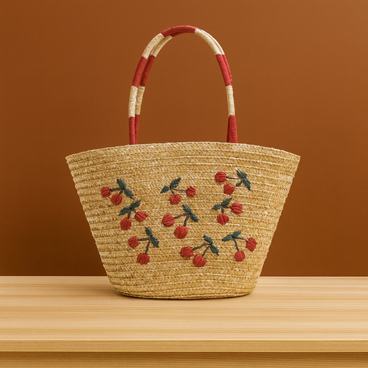 “Handwoven straw tote bag with cherry embroidery and red-white wrapped handles, by Solmerea.”