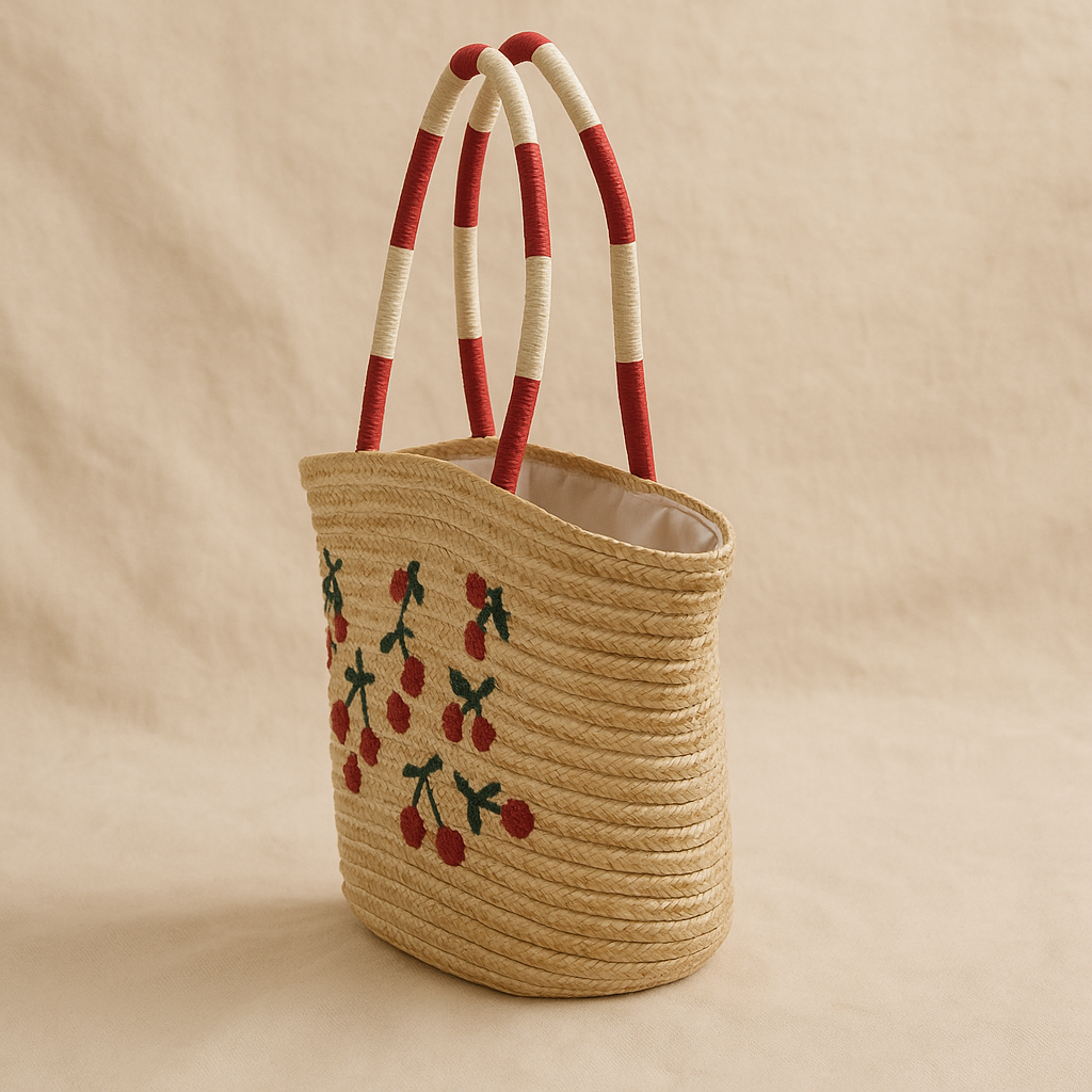 “Side angle view of cherry embroidered straw tote highlighting handle curve and structured body, by Solmerea.”