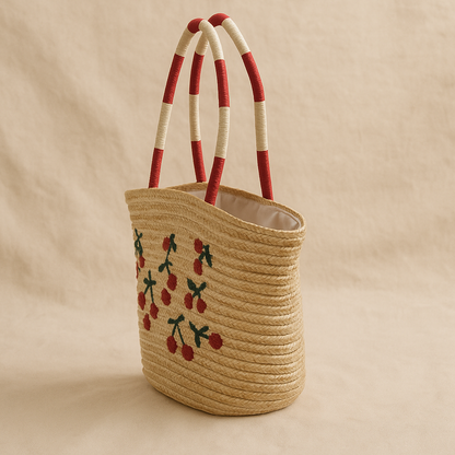 “Side angle view of cherry embroidered straw tote highlighting handle curve and structured body, by Solmerea.”