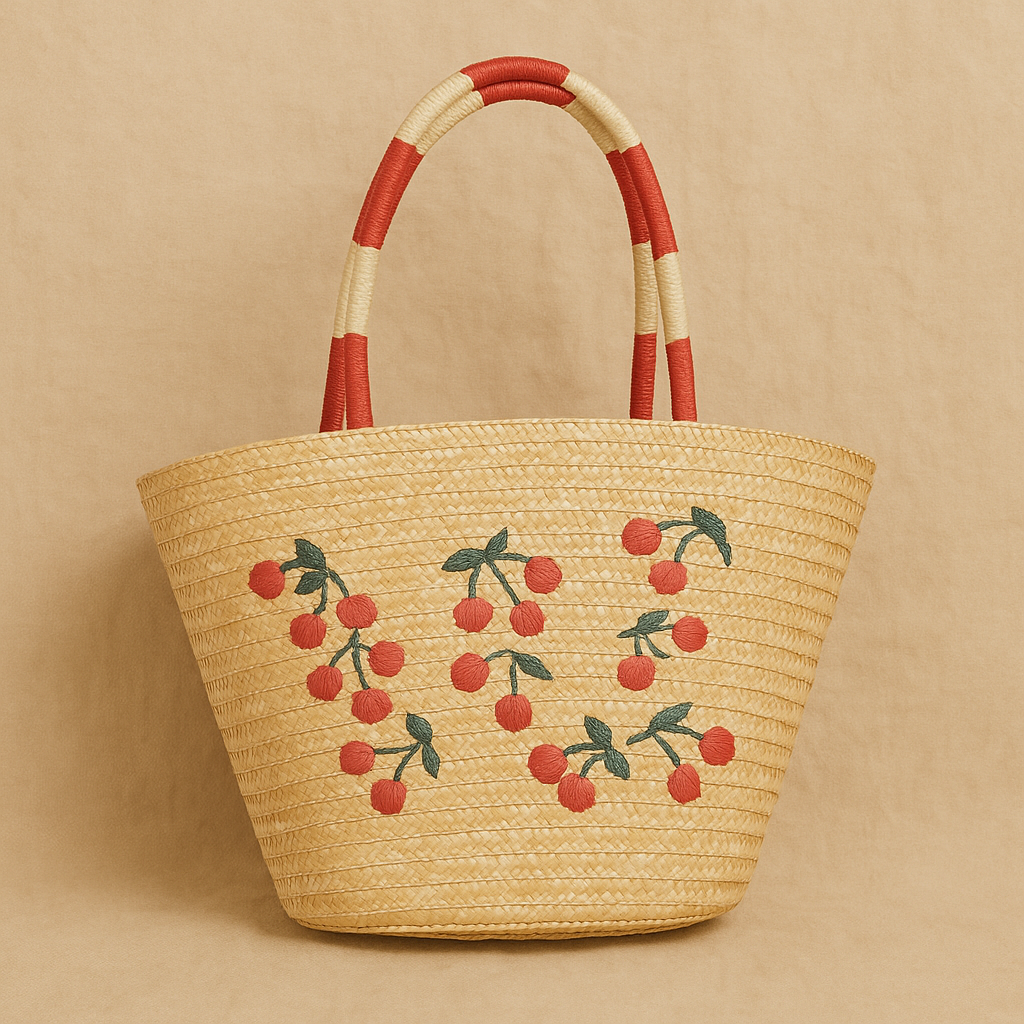 “Natural straw tote with red cherry embroidery and striped red-white handles on beige background, by Solmerea.”