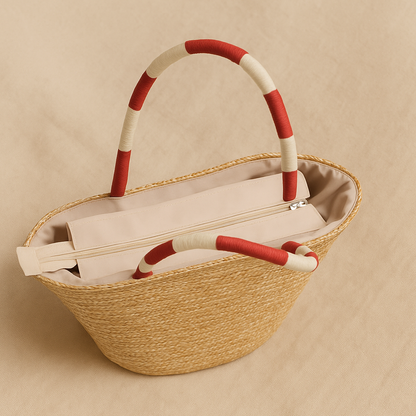 “Top view of straw tote bag showing beige lining and zip closure with red-white handles, by Solmerea.”