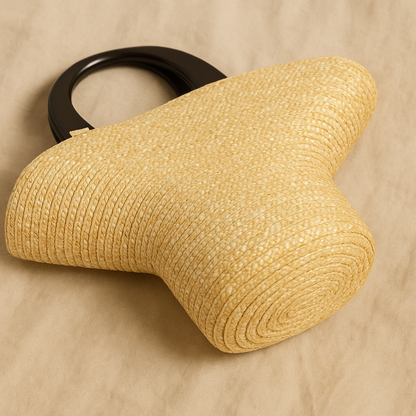 “Bottom view of the straw clutch highlighting tight natural weave and curved base design, by Solmerea.”