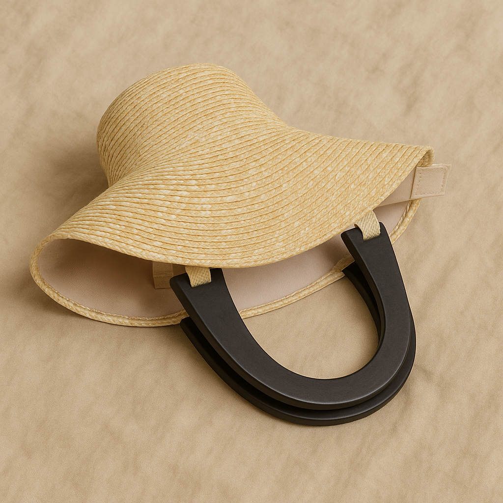 “Curved straw clutch laid flat showing flexible form and contrasting black handles, by Solmerea.”