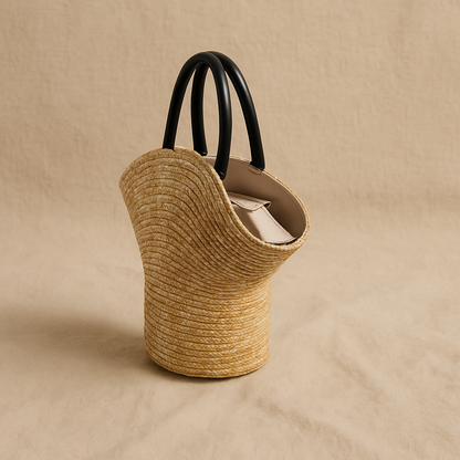 “Angled rear view of handwoven straw clutch highlighting structured form and natural weave texture, by Solmerea.”