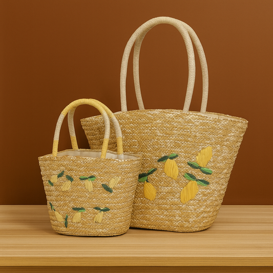 “Two handwoven straw beach totes with lemon embroidery in large and small sizes, by Solmerea.”