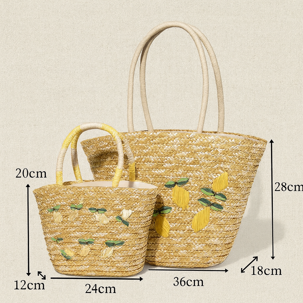 “Size comparison chart of lemon-embroidered straw tote bags showing dimensions for large and small models, by Solmerea.”