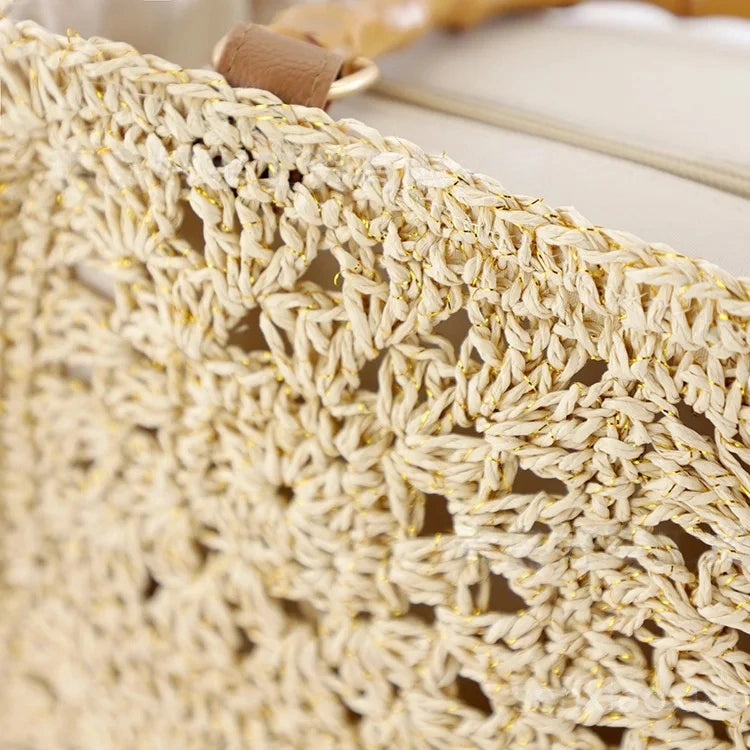 “Close-up of beige crochet straw weave with gold-thread detail on Solmerea bamboo handle handbag.”