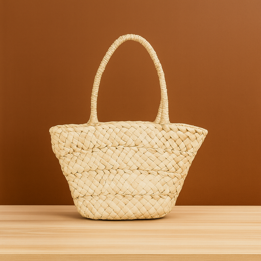 “Portable handwoven corn husk handbag with natural beige color and soft braided texture, by Solmerea.”